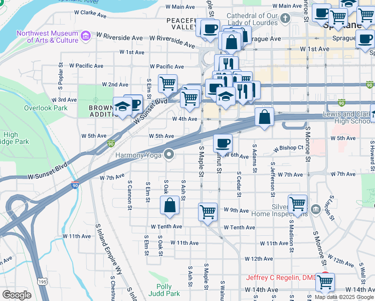 map of restaurants, bars, coffee shops, grocery stores, and more near 1612 West 6th Avenue in Spokane