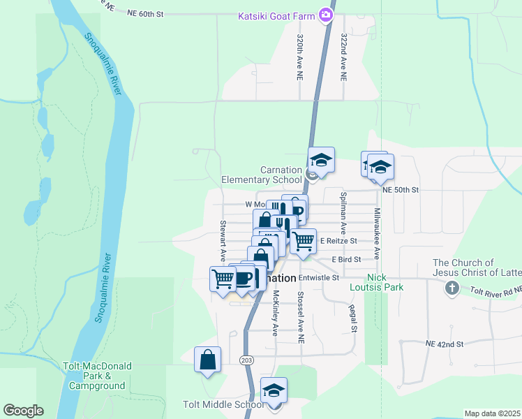 map of restaurants, bars, coffee shops, grocery stores, and more near 31849 West Morrison Street in Carnation