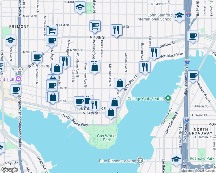 map of restaurants, bars, coffee shops, grocery stores, and more near 3541 Meridian Avenue North in Seattle