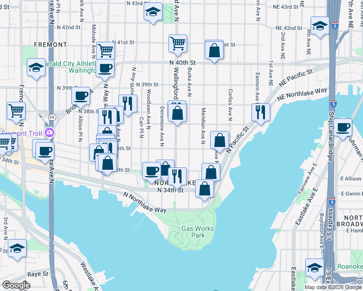 map of restaurants, bars, coffee shops, grocery stores, and more near 1815 North 36th Street in Seattle