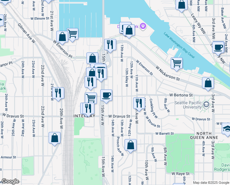 map of restaurants, bars, coffee shops, grocery stores, and more near 1362 West Bertona Street in Seattle