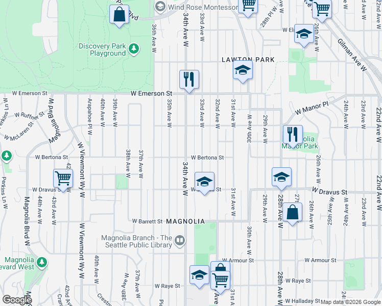 map of restaurants, bars, coffee shops, grocery stores, and more near 3307 West Bertona Street in Seattle