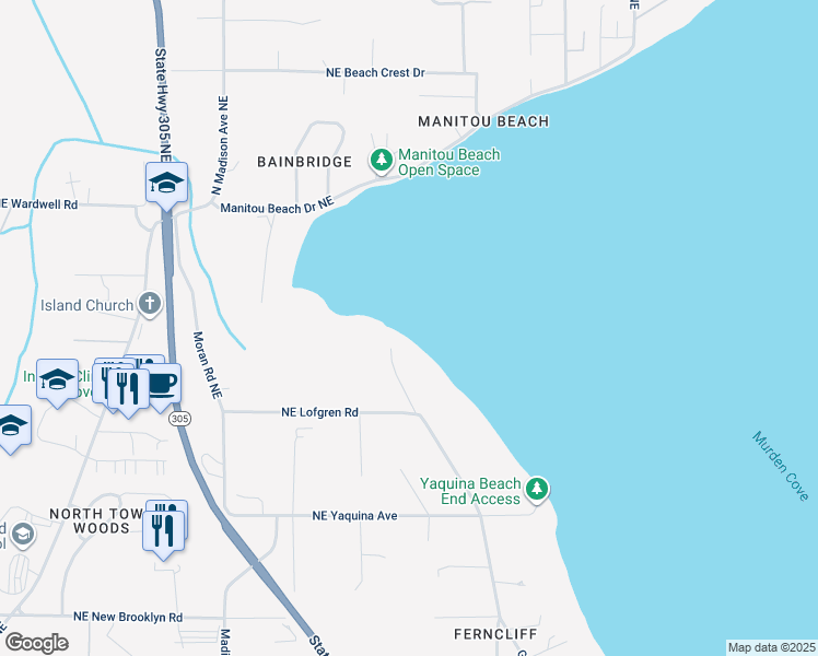 map of restaurants, bars, coffee shops, grocery stores, and more near 9596 Green Spot Place Northeast in Bainbridge Island