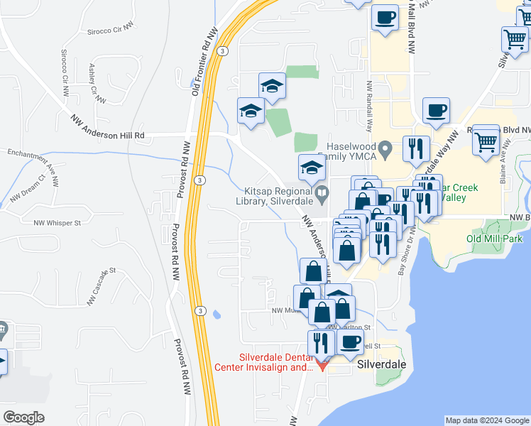 map of restaurants, bars, coffee shops, grocery stores, and more near 9588 Silverdale Loop Road Northwest in Silverdale