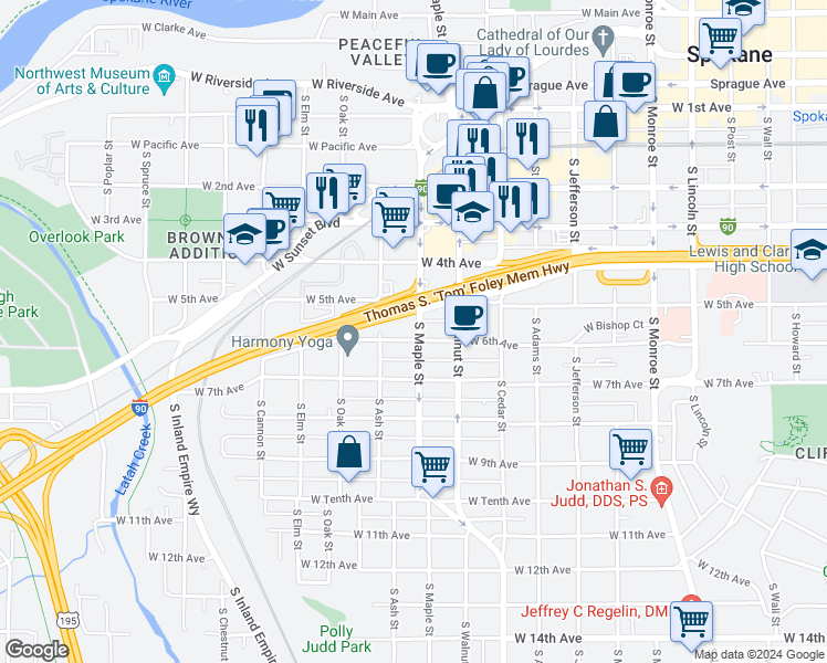 map of restaurants, bars, coffee shops, grocery stores, and more near 1604 West 6th Avenue in Spokane