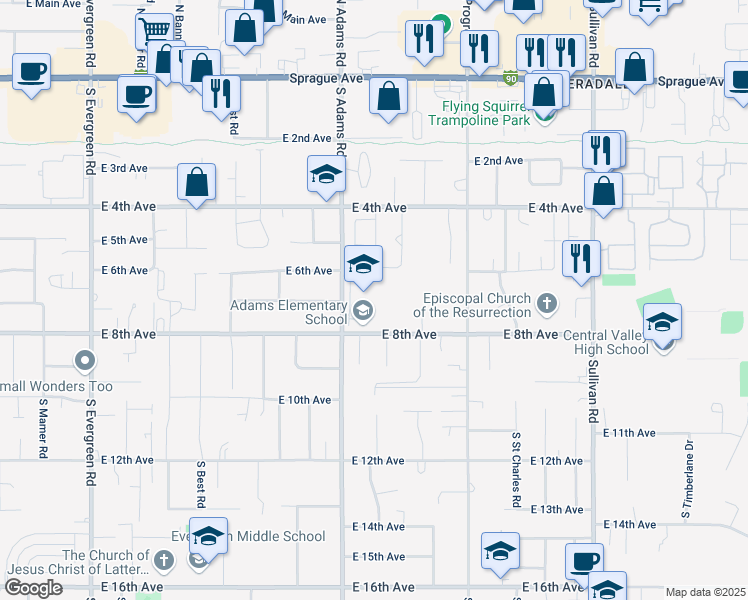 map of restaurants, bars, coffee shops, grocery stores, and more near 14707 East 8th Avenue in Spokane Valley