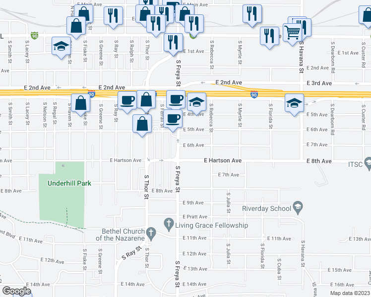 map of restaurants, bars, coffee shops, grocery stores, and more near 3614 East 6th Avenue in Spokane