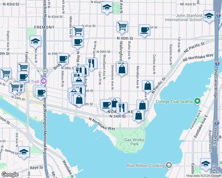map of restaurants, bars, coffee shops, grocery stores, and more near in Seattle