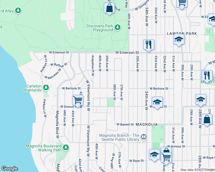 map of restaurants, bars, coffee shops, grocery stores, and more near in Seattle