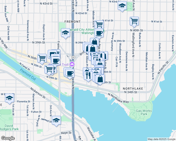 map of restaurants, bars, coffee shops, grocery stores, and more near 1054 North 36th Street in Seattle