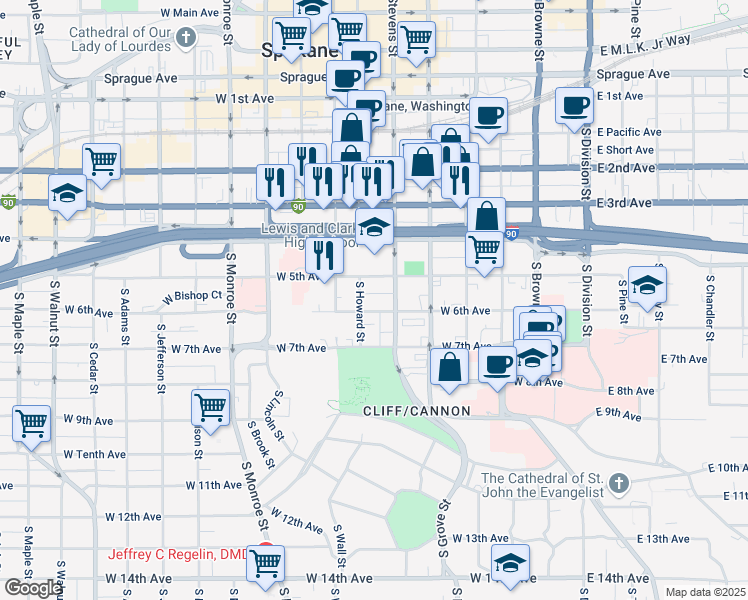 map of restaurants, bars, coffee shops, grocery stores, and more near 518 West 6th Avenue in Spokane