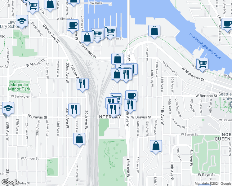 map of restaurants, bars, coffee shops, grocery stores, and more near 1616 West Bertona Street in Seattle