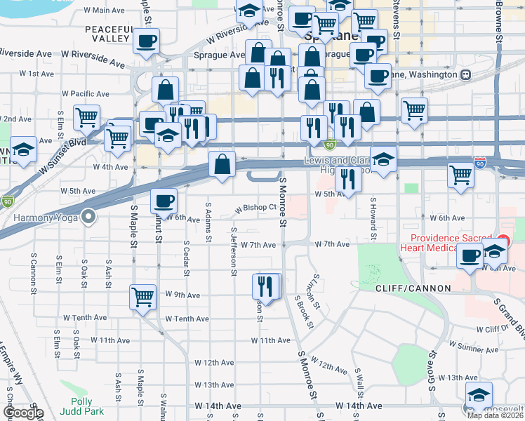 map of restaurants, bars, coffee shops, grocery stores, and more near 1026 West 6th Avenue in Spokane