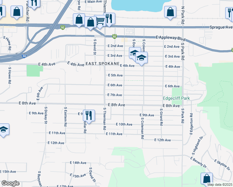 map of restaurants, bars, coffee shops, grocery stores, and more near 6802 East 7th Avenue in Spokane Valley