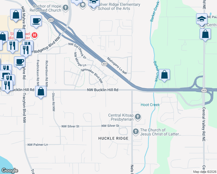 map of restaurants, bars, coffee shops, grocery stores, and more near 1007 Northwest Bucklin Hill Road in Bremerton