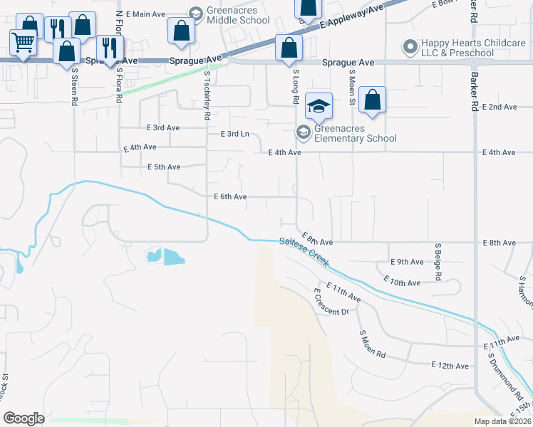 map of restaurants, bars, coffee shops, grocery stores, and more near 17714 East 6th Avenue in Spokane Valley