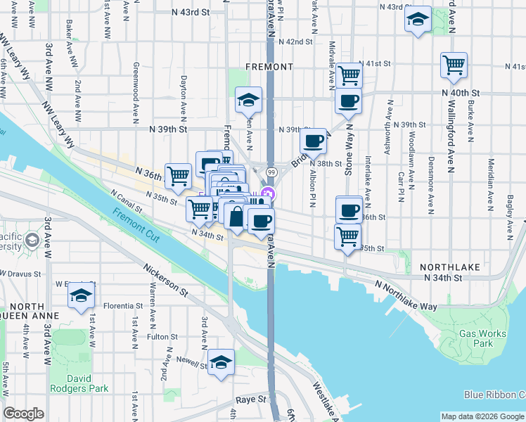 map of restaurants, bars, coffee shops, grocery stores, and more near 3505 Troll Avenue North in Seattle