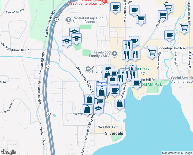 map of restaurants, bars, coffee shops, grocery stores, and more near 3500 Northwest Bucklin Hill Road in Silverdale