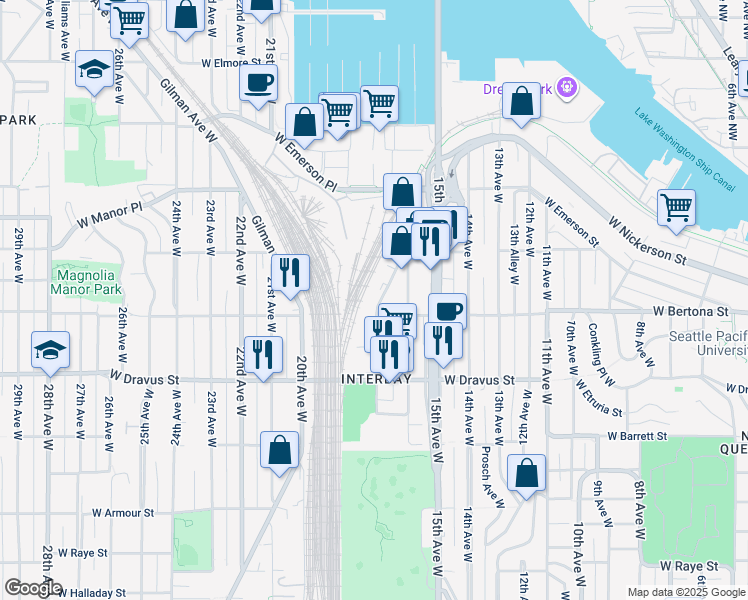 map of restaurants, bars, coffee shops, grocery stores, and more near in Seattle