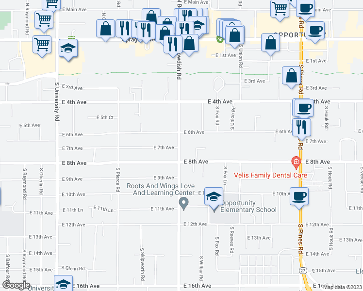 map of restaurants, bars, coffee shops, grocery stores, and more near 623 South Bowdish Road in Spokane Valley