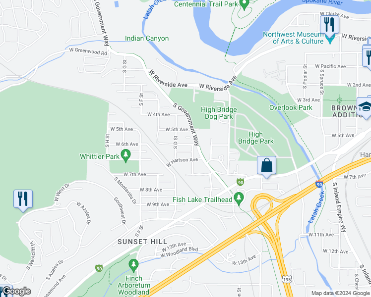 map of restaurants, bars, coffee shops, grocery stores, and more near 3104 West Hartson Avenue in Spokane