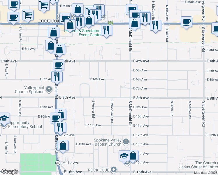 map of restaurants, bars, coffee shops, grocery stores, and more near 707 South Virginia Road in Spokane Valley