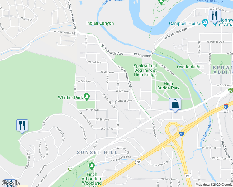 map of restaurants, bars, coffee shops, grocery stores, and more near 3128 West Hartson Avenue in Spokane