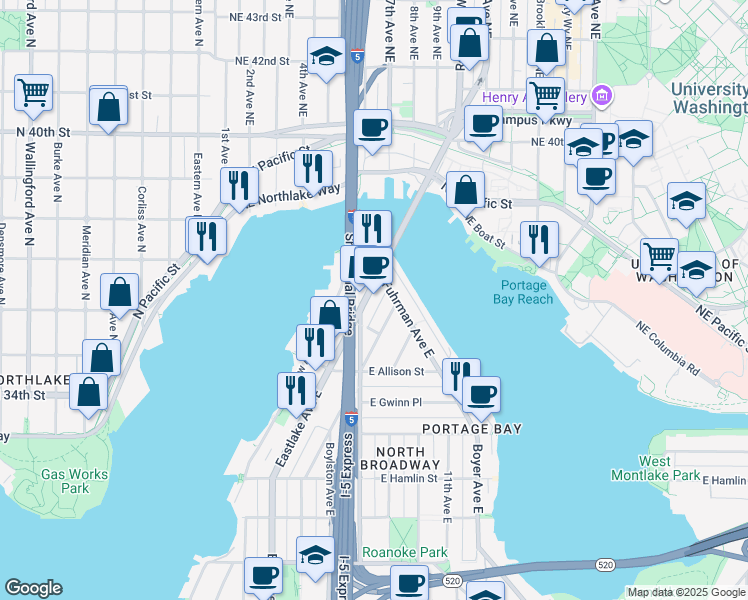 map of restaurants, bars, coffee shops, grocery stores, and more near 3218 Eastlake Avenue East in Seattle