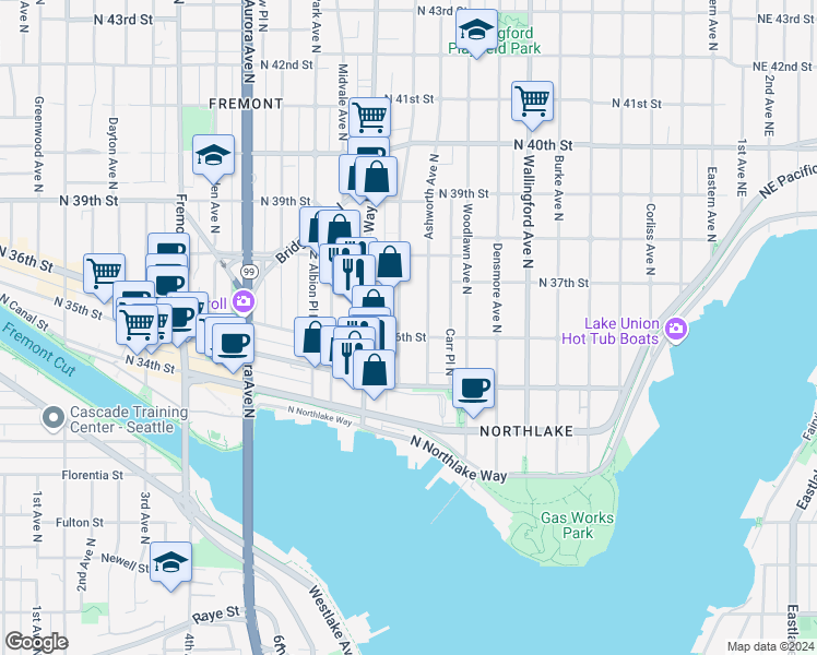 map of restaurants, bars, coffee shops, grocery stores, and more near 1322 North 36th Street in Seattle