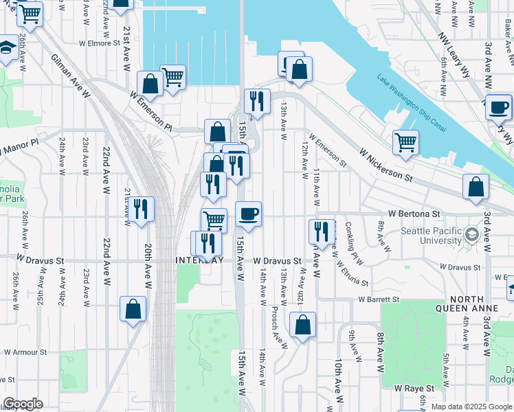 map of restaurants, bars, coffee shops, grocery stores, and more near in Seattle