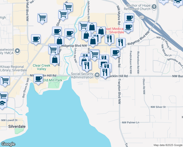 map of restaurants, bars, coffee shops, grocery stores, and more near 2244 Northwest Bucklin Hill Road in Silverdale