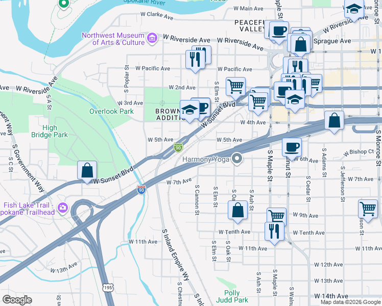 map of restaurants, bars, coffee shops, grocery stores, and more near 2014 West 6th Court in Spokane