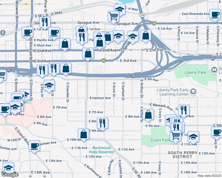 map of restaurants, bars, coffee shops, grocery stores, and more near 611 South Scott Street in Spokane