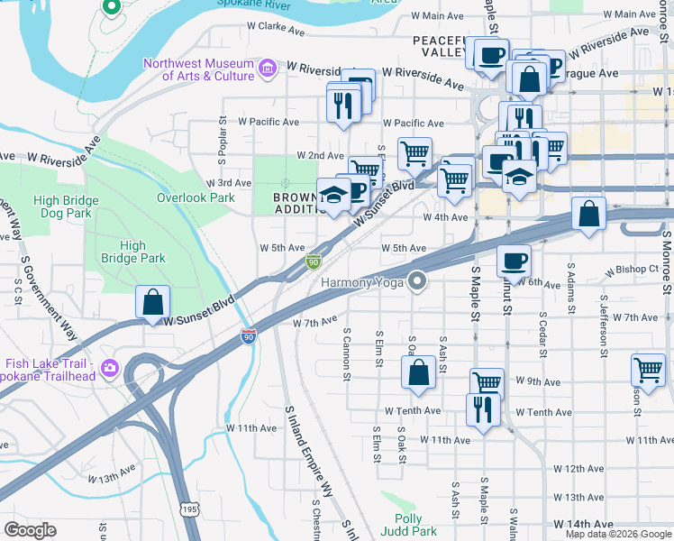 map of restaurants, bars, coffee shops, grocery stores, and more near 2014 West 6th Court in Spokane