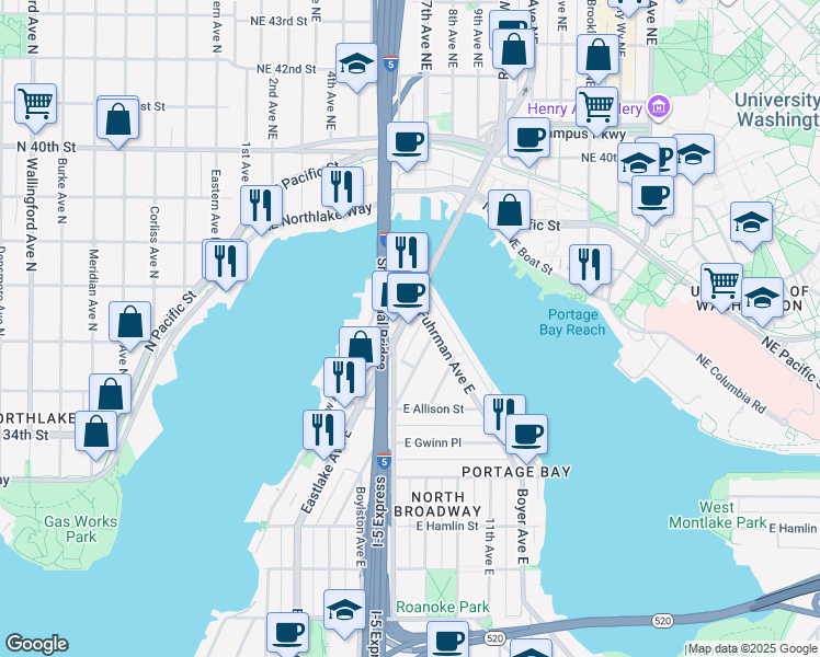 map of restaurants, bars, coffee shops, grocery stores, and more near 3218 Eastlake Avenue East in Seattle