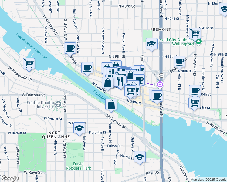 map of restaurants, bars, coffee shops, grocery stores, and more near 434 North 35th Street in Seattle
