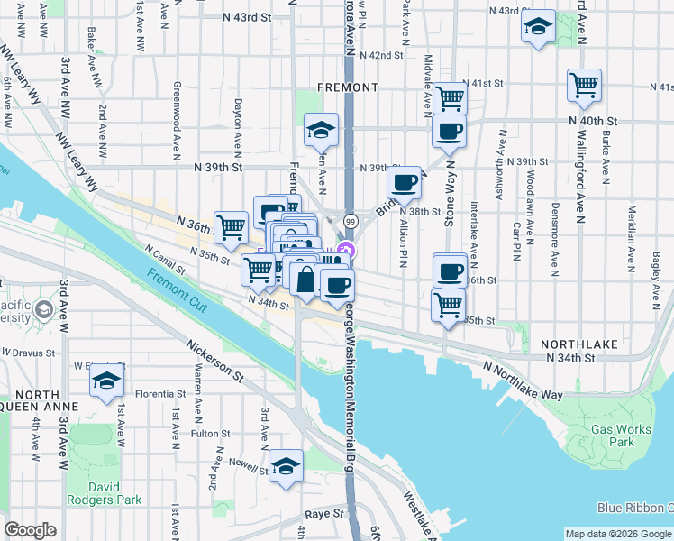map of restaurants, bars, coffee shops, grocery stores, and more near 3505 Troll Avenue North in Seattle