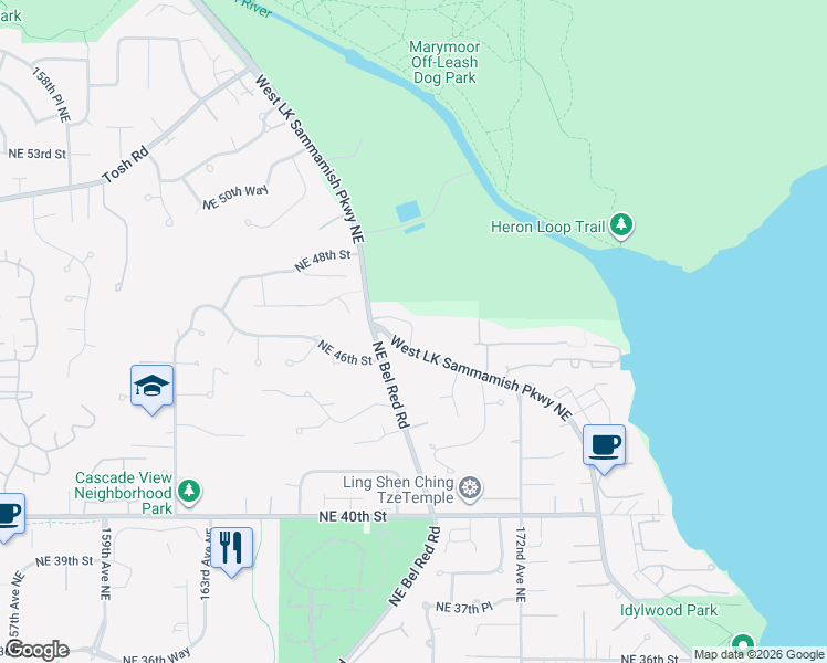map of restaurants, bars, coffee shops, grocery stores, and more near 4631 168th Court Northeast in Redmond