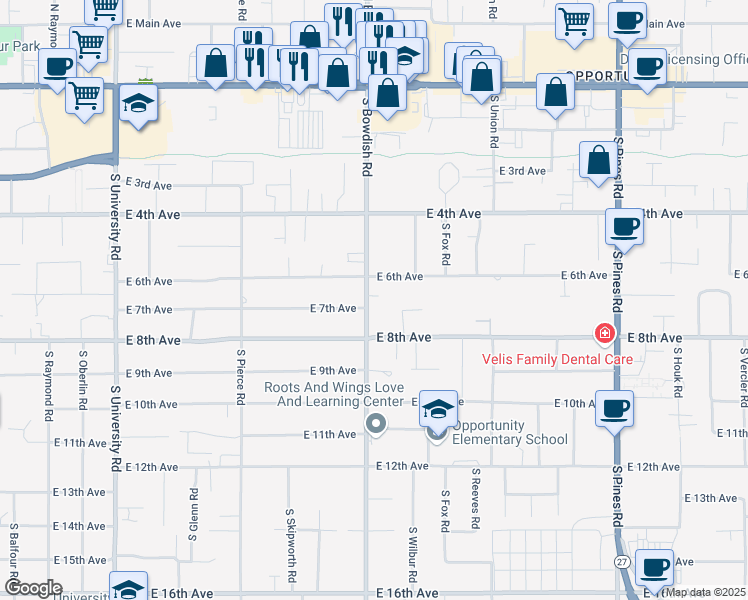 map of restaurants, bars, coffee shops, grocery stores, and more near 705 South Bowdish Road in Spokane Valley
