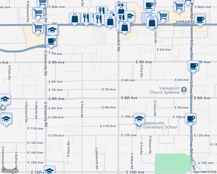 map of restaurants, bars, coffee shops, grocery stores, and more near 11402 East 7th Avenue in Spokane Valley