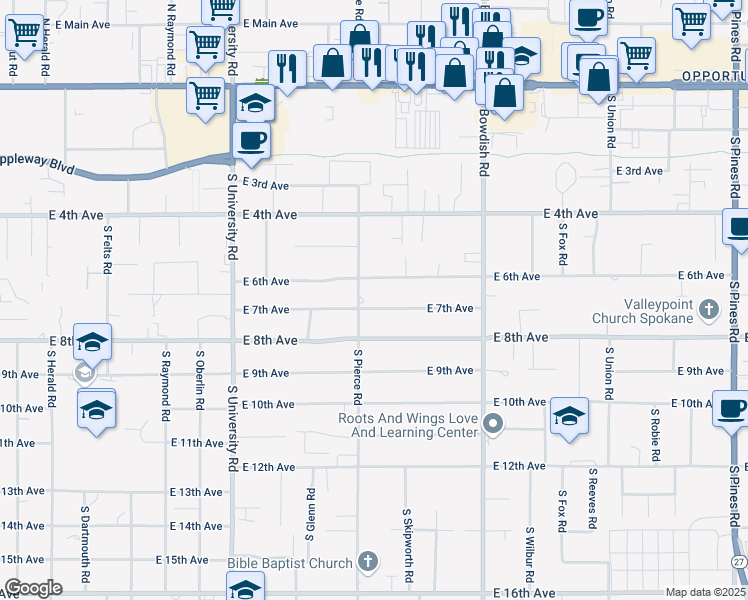 map of restaurants, bars, coffee shops, grocery stores, and more near 11112 East 7th Avenue in Spokane Valley