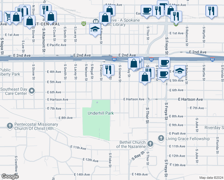 map of restaurants, bars, coffee shops, grocery stores, and more near 610 South Fiske Street in Spokane
