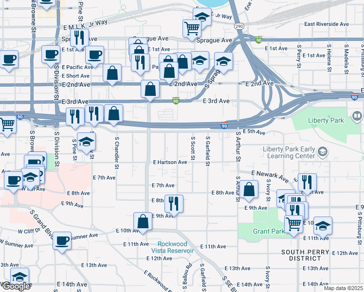 map of restaurants, bars, coffee shops, grocery stores, and more near 615 South Hatch Street in Spokane