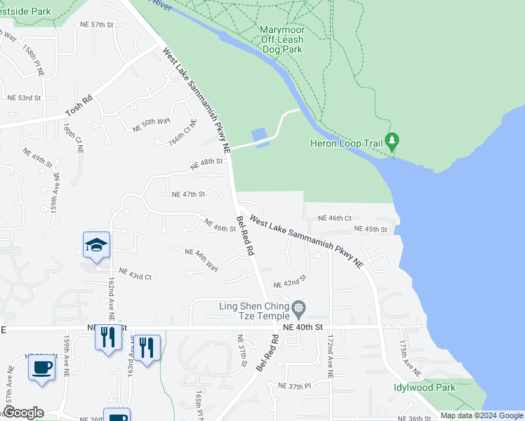 map of restaurants, bars, coffee shops, grocery stores, and more near 4631 168th Court Northeast in Redmond