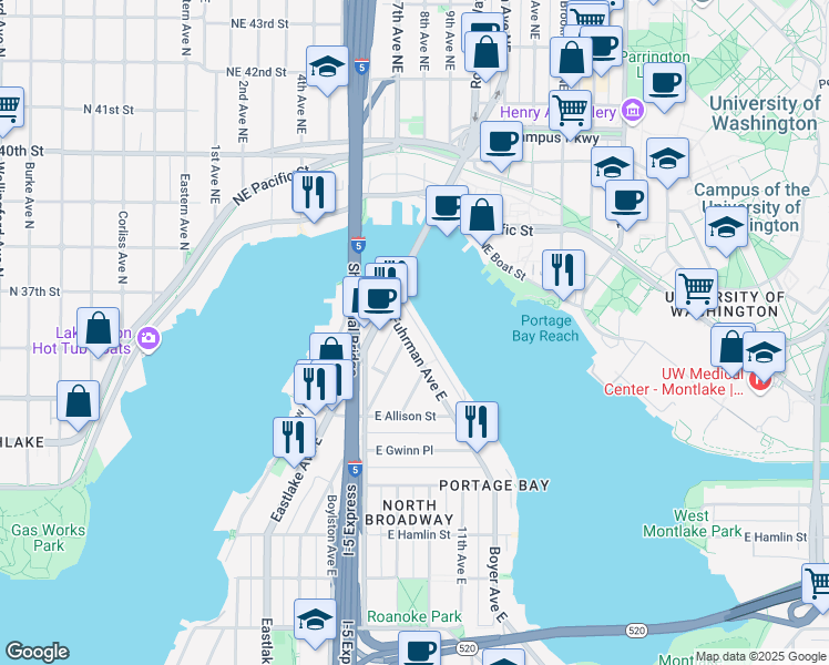 map of restaurants, bars, coffee shops, grocery stores, and more near 3218 Franklin Avenue East in Seattle