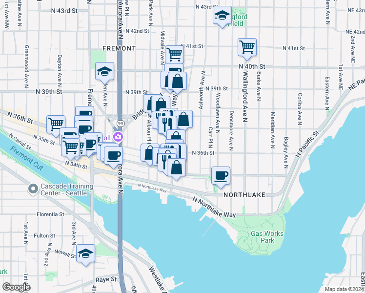 map of restaurants, bars, coffee shops, grocery stores, and more near 1322 North 36th Street in Seattle