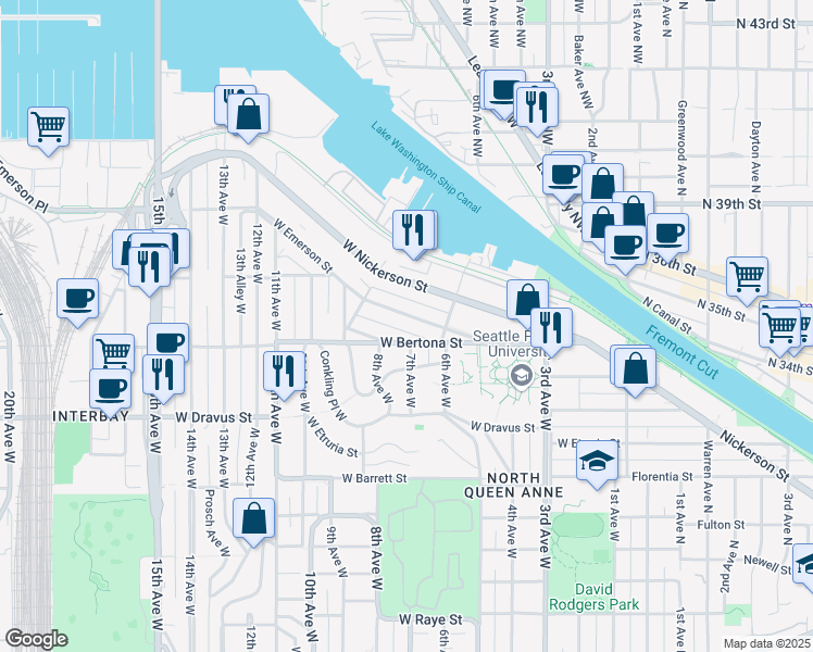 map of restaurants, bars, coffee shops, grocery stores, and more near 712 West Bertona Street in Seattle