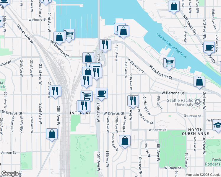 map of restaurants, bars, coffee shops, grocery stores, and more near 1362 West Bertona Street in Seattle