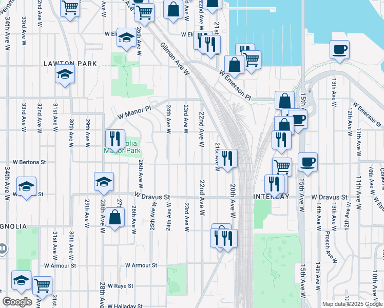 map of restaurants, bars, coffee shops, grocery stores, and more near 3401 22nd Avenue West in Seattle