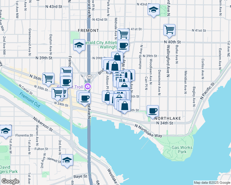 map of restaurants, bars, coffee shops, grocery stores, and more near 3606 Woodland Park Avenue North in Seattle